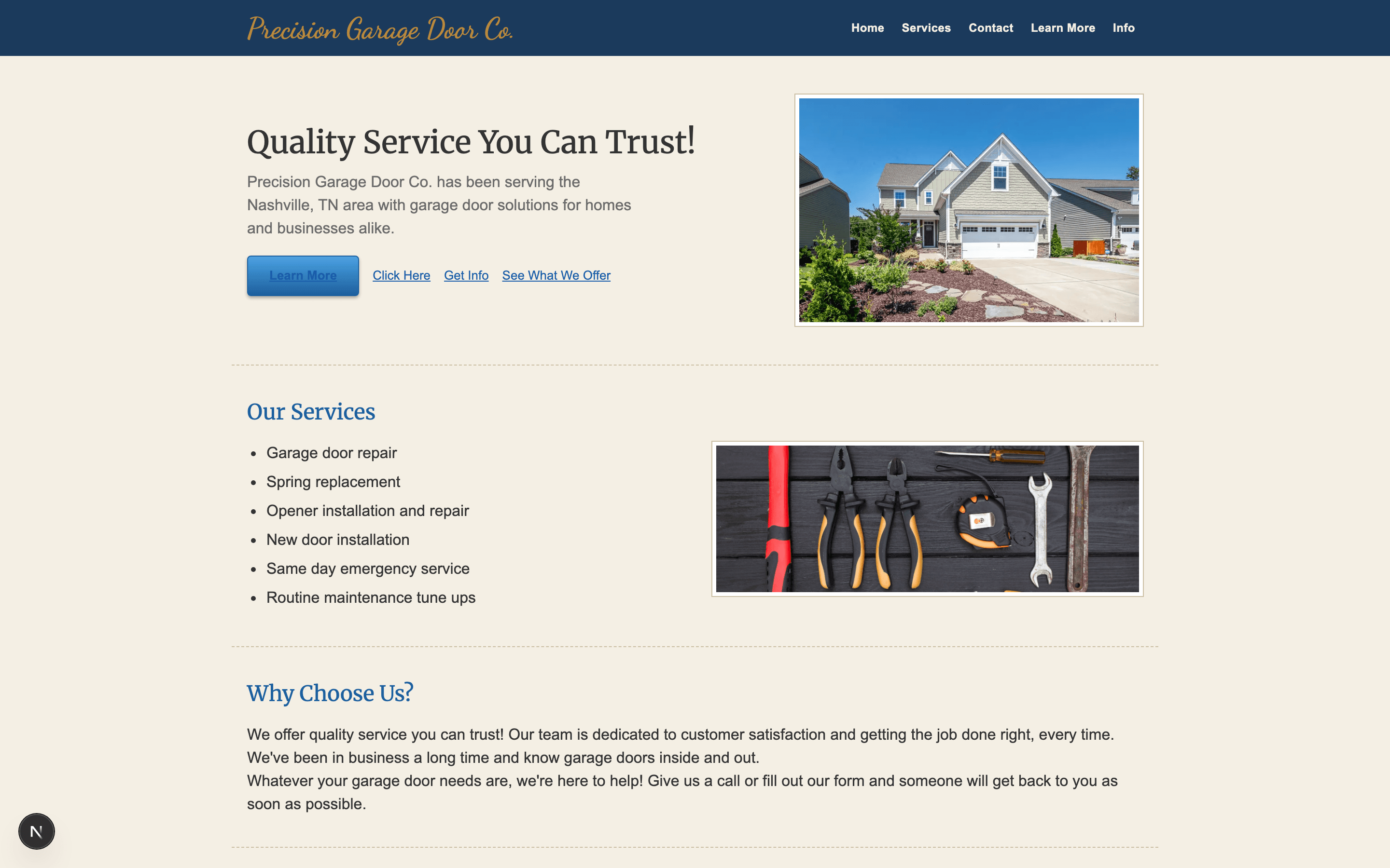Precision Garage Door Co. website before the redesign